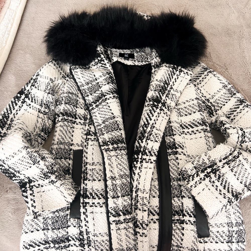 Iz Byer black and white tweed coat